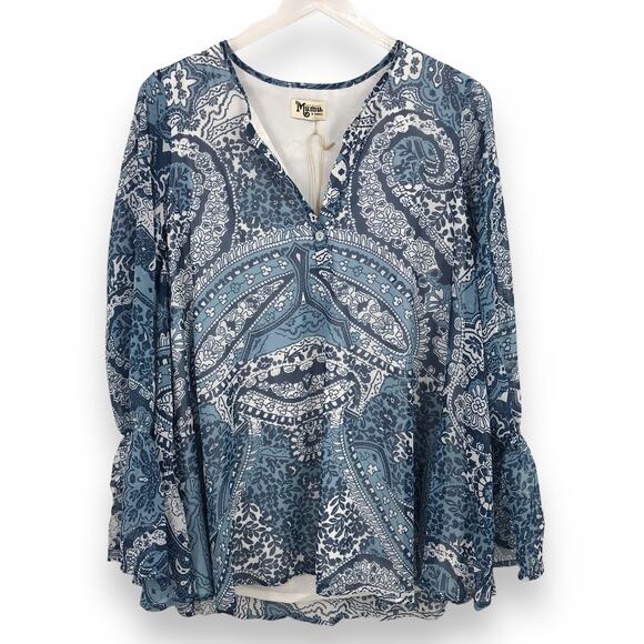 Show Me Your Mumu Perveen Pirate Tunic XS Blue Plenty Paisley Bell Sleeve Hi Lo - Picture 1 of 12